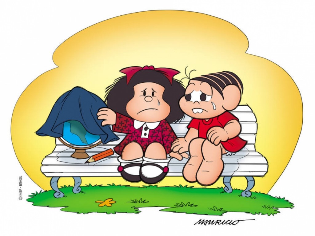 Homenagem de Mauricio de Sousa a Quino, com Mônica consolando a personagem do cartunista argentino